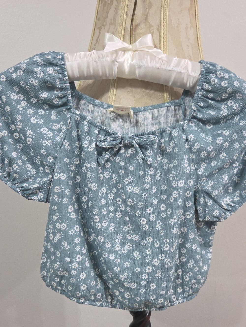 Girls Green Floral Puff-Sleeve Top  And Skirt Cute Summer Set.